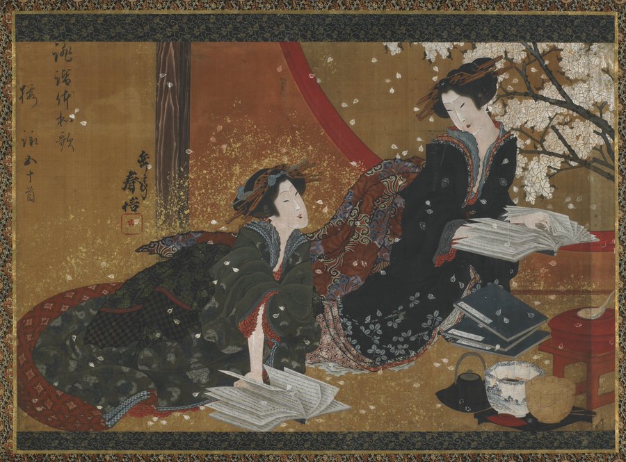 Two Geisha reading from a book, by Gakutei Harunobu, 19th century