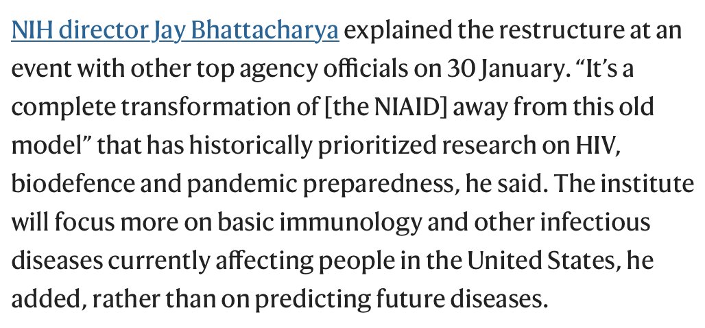 #NIH to deprioritize pandemic preparedness and biodefense research, @nature.com reports, saying director Jay Bhattacharya wants to focus on known diseases, not possible future threats. 
What could possibly go wrong? 
nature.com/articles/d4158…