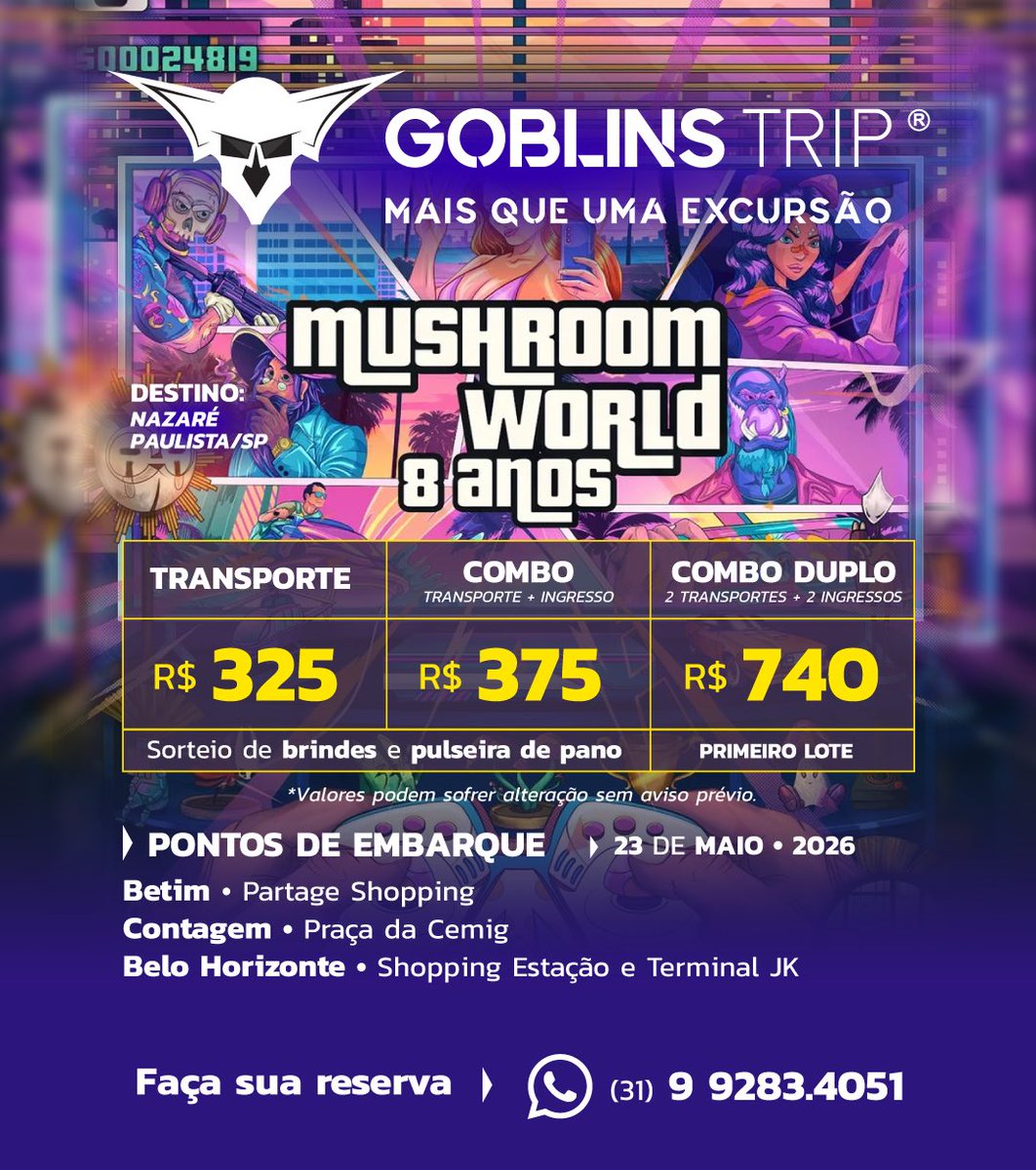 🍄 Excursão Goblins Trip MUSHROOM WORLD 2026 - BH/Contagem/Betim

🍄 Indique amigos e ganhe descontos!
🍄 Vagas limitadas! Faça sua reserva!
🍄 Água e isotônico!
🍄 Transporte seguro, com ar condicionado, bancos reclináveis!

👇 Grupo da excursão 👇
chat.whatsapp.com/E471R46bwrqBaD…