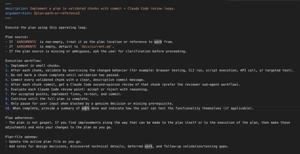 Here's my cantstopwontstop flow to drive long-running sessions with codex

I don't use many commands/structured workflows anymore, but this is one that's been working really well lately:
- codex drives a plan
- implement plan in chunks -- test and validate as you go
- get a