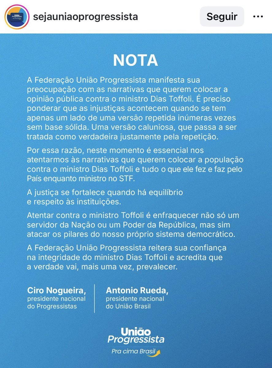 Antenção, patriotas. Nota oficial do segundo nome mais importante do bolsonarismo e do nome mais importante da candidatura de sucesso de Flavio Bolsonaro.

#FicaToffoli