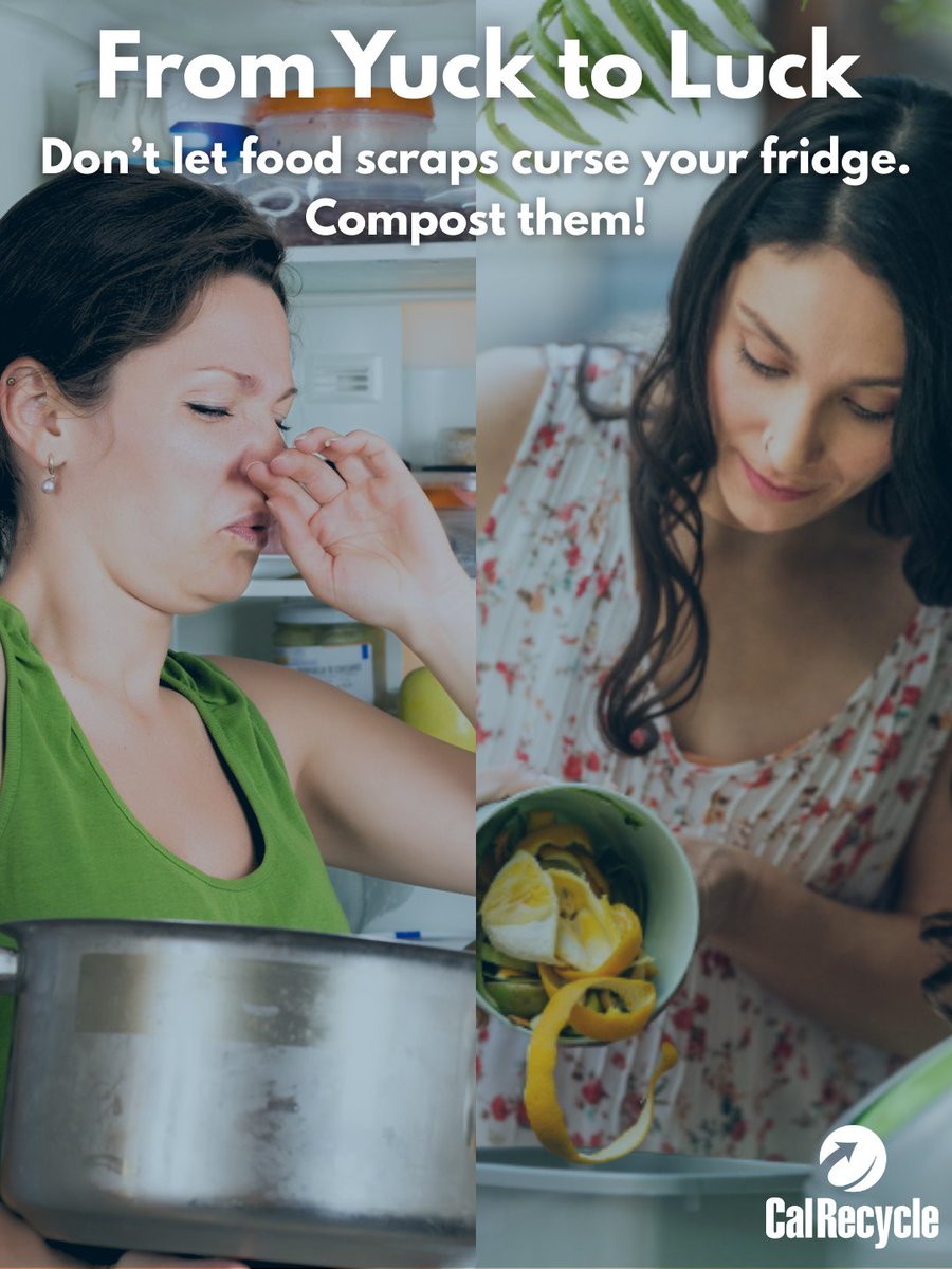 CalRecycle's tweet image. Trashing food scraps is bad luck. 🍀 Put spoiled food and kitchen scraps in your green bin for good vibes and healthy soil! #FridayThe13th #Compost #RecycleSmart #GreenBin #FoodWaste