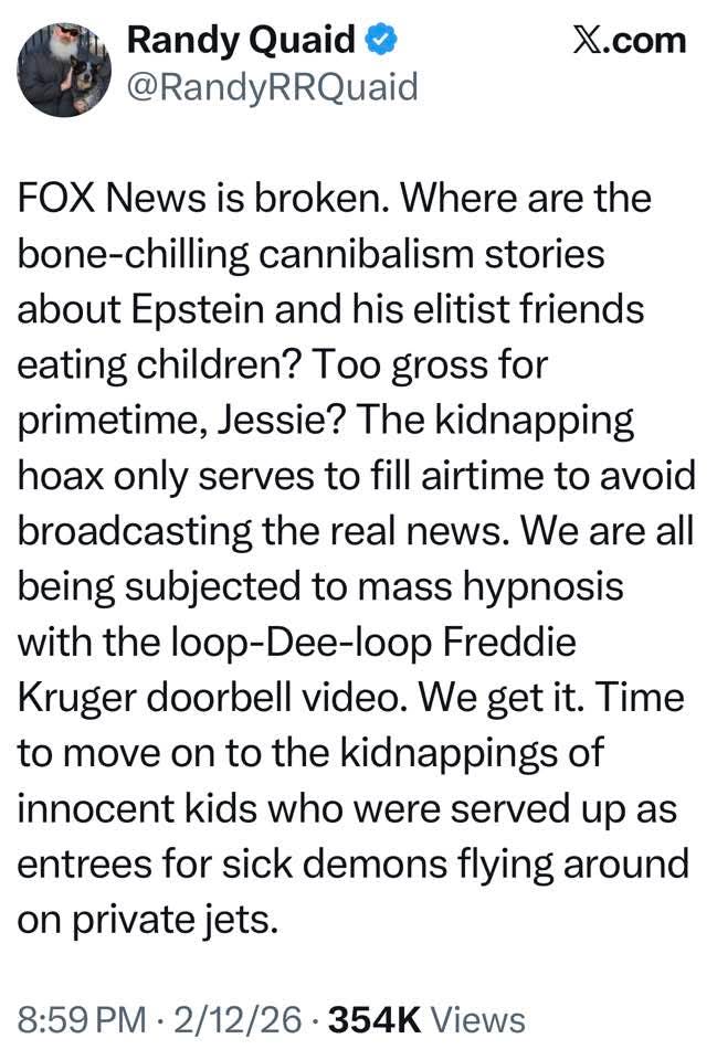 I'm with Randy. 

Epstein files should be blasted. Along with every perp. For years, the left said this was a conspiracy. It's not. 

This should be front page news all day every day until arrests start happening.