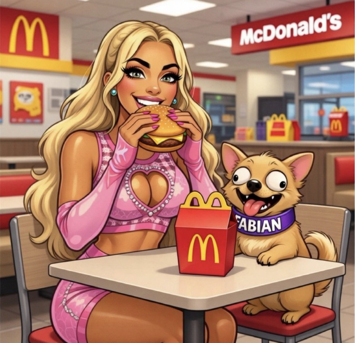 As an early Valentine’s Day treat, Savvy took her little handbag princess to McDonald’s today. He had a Happy Meal because he was a very good boy. He also ordered it himself... in fluent yap #TrueLove 😂💖