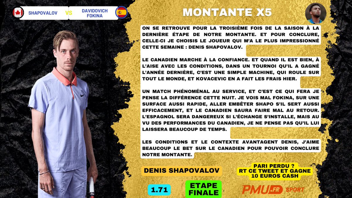 Lucho_Tennis's tweet photo. MONTANTE X5 - ÉTAPE FINALE 📈

📍 ATP Dallas 🇺🇸

🇨🇦 Denis Shapovalov @ 1.71

📊 Analyse dispo ✅

🔥 100€ offerts : https://t.co/tnurlcQ3Qd

♻️ RT : 10€ CASH SI C’EST PERDANT

➡️ 10€ EN PLUS si tu es dans le PASS

GL 🍀

LIKE si tu suis ❤️

#TeamParieur https://t.co/cw0wMfJ5TL