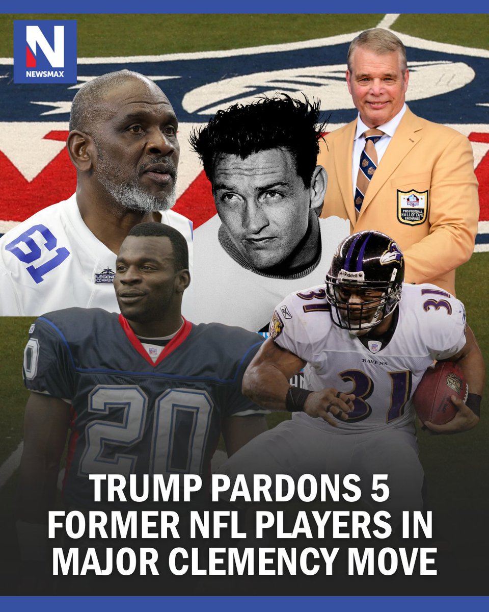 NEWSMAX's tweet image. FOOTBALL FORGIVENESS: President Trump has granted clemency to former New York Jets defensive lineman Joe Klecko, former Dallas Cowboys offensive lineman Nate Newton, former Baltimore Ravens running back Jamal Lewis, former Buffalo Bills running back Travis Henry, and the late…