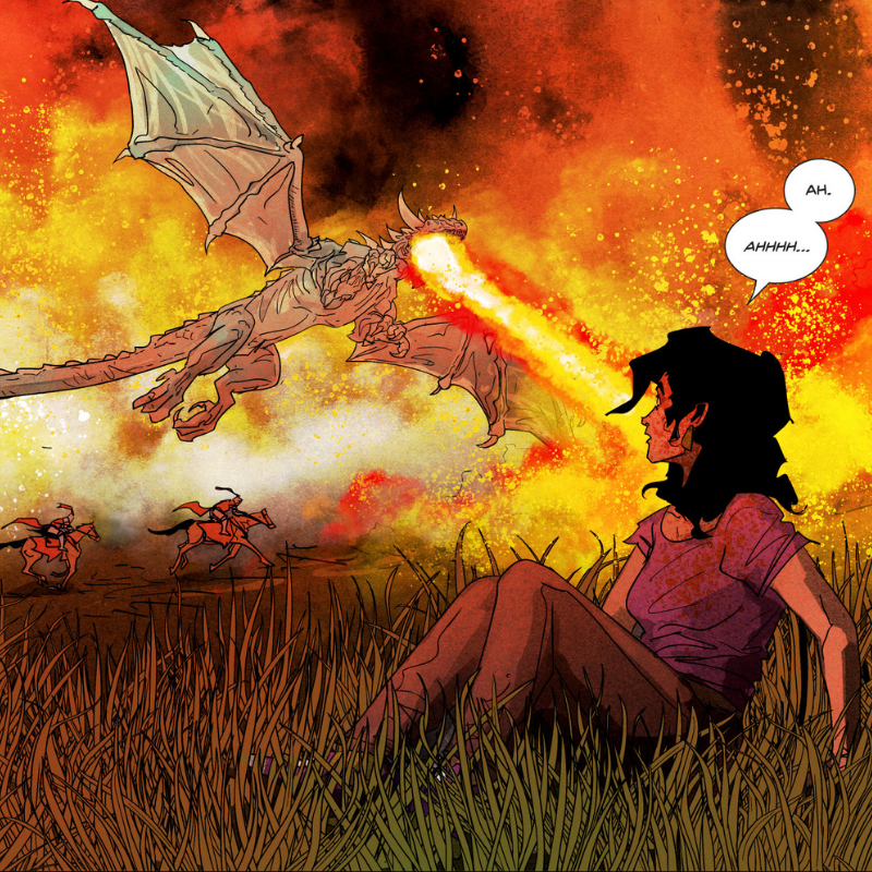 Comixology's tweet photo. Time travel is disorienting enough, but dragons, too? Come on! 

Learn more about Gina’s journey to Camelot in Medieval #4 from writer @neilkleid and artist @AlexCormack4. 

https://t.co/1nJkEm11hf https://t.co/wrcqUeJ7Ax
