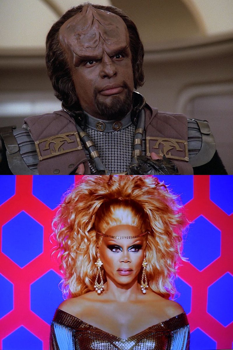 gaghyogi49's tweet photo. It's funny where you start seeing #StarTrek connections when your eyes are really trained on that: It seems the metallic fabric that was all over the place in the early seasons of #StarTrekTNG (3rd pic) is still around today, as seen in "The Emissary"⬆️⬅️ and Ru Paul's Drag Race season 14, episode 4 ⬇️➡️.