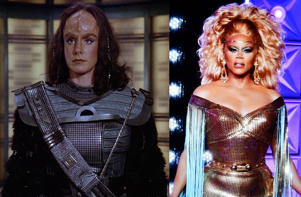 gaghyogi49's tweet photo. It's funny where you start seeing #StarTrek connections when your eyes are really trained on that: It seems the metallic fabric that was all over the place in the early seasons of #StarTrekTNG (3rd pic) is still around today, as seen in "The Emissary"⬆️⬅️ and Ru Paul's Drag Race season 14, episode 4 ⬇️➡️.