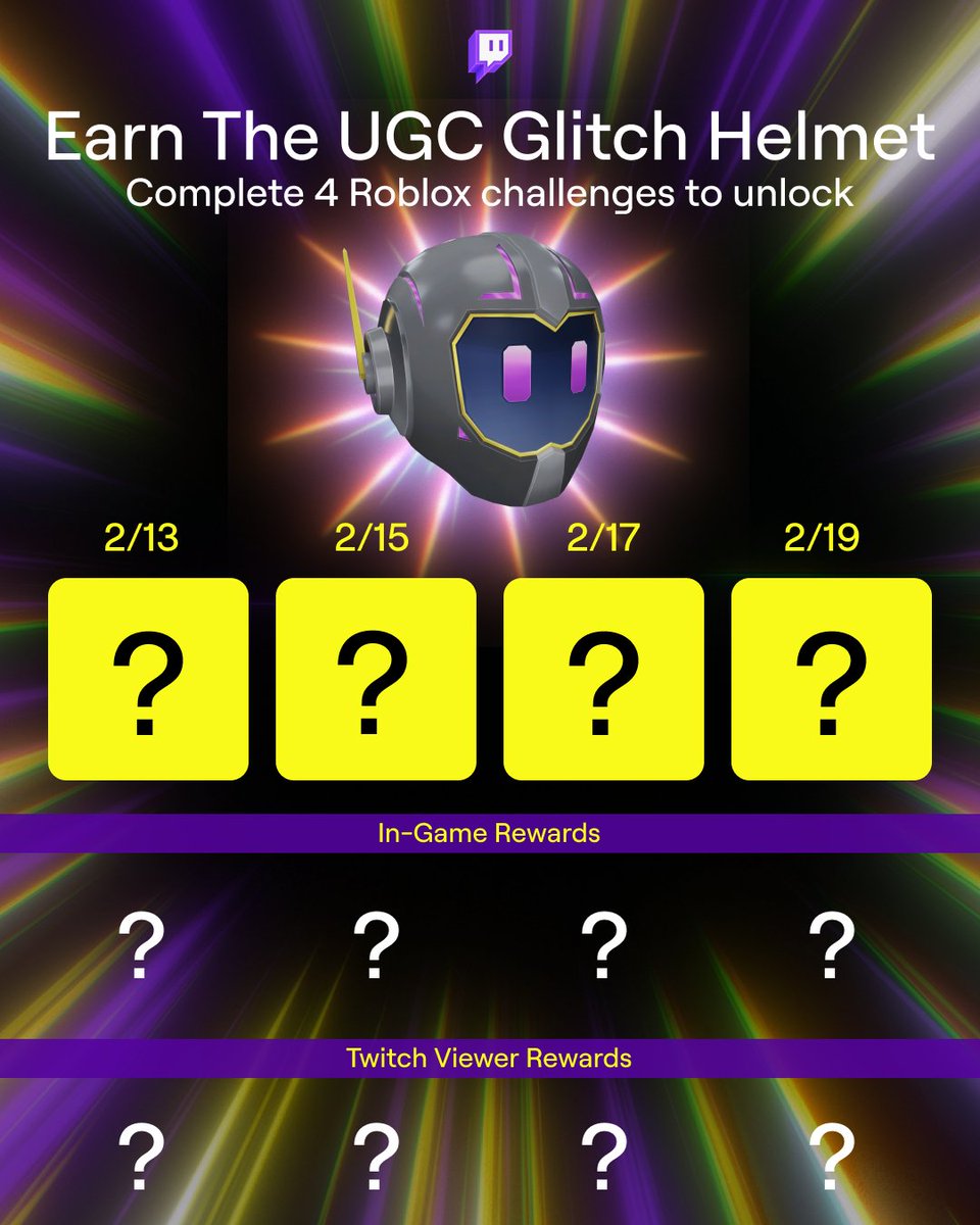 TwitchLatam's tweet photo. 🚨 ¡Juega para ganar recompensas de Bloxfest!

Completa los 4 desafíos de Roblox antes del 20/2 y luego regresa al RB Battles x Twitch Hub para reclamar el objeto UGC Glitch Helmet.

📅 No olvides volver para conocer todos los desafíos y recompensas a medida que se anuncien.

🔗 https://t.co/TjT6iGFROd