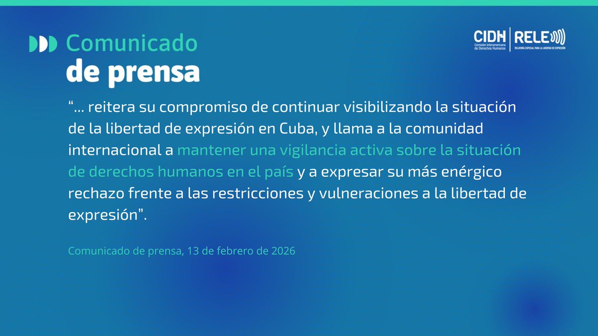 RELE_CIDH's tweet photo. 📢Comunicado: La @RELE_CIDH condena nueva ola de represión en #Cuba y llama al Estado a respetar el derecho a la libertad de expresión

El comunicado: https://t.co/ylSeBuKJ8b https://t.co/5rIAmexmIC