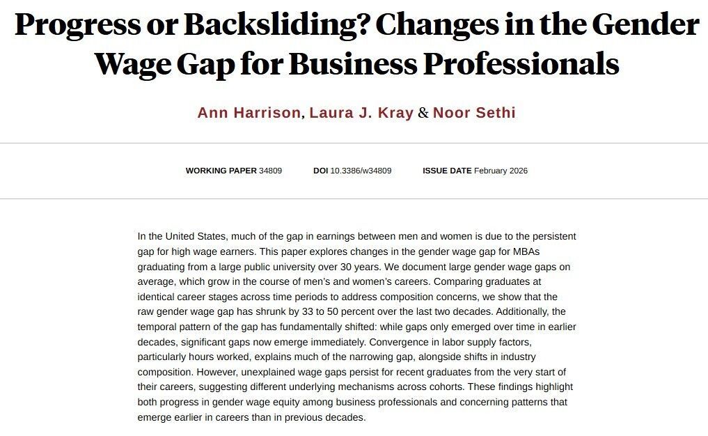 Exploring changes in the gender wage gap for MBAs graduating from a large public university over 30 years finds large gender wage gaps on average, which grow over the course of men’s and women’s careers, from Ann Harrison, Laura J. Kray, and Noor Sethi nber.org/papers/w34809