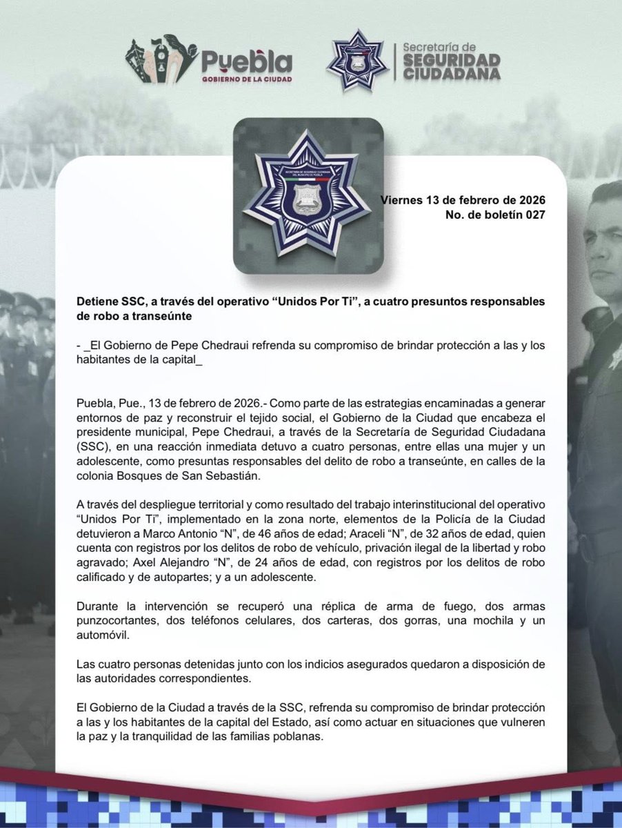 Detienen a cuatro por robo a transeúnte en Bosques de San Sebastián 🚨

Acción del operativo “Unidos Por Ti” encabezado por el alcalde Pepe Chedraui a través de la Secretaría de Seguridad Ciudadana de Puebla.

#Puebla #Seguridad #SSC #VerdadEsPuebla