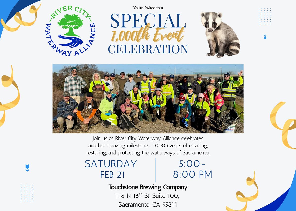 Congratulations to River City Waterway Alliance as they celebrate 1,000 events dedicated to cleaning, restoring, and protecting Sacramento’s waterways 🎉

Raise a glass to their incredible work at Touchstone Brewing on Feb 21. facebook.com/events/9038193… #WeLoveOurRiver #CAWater