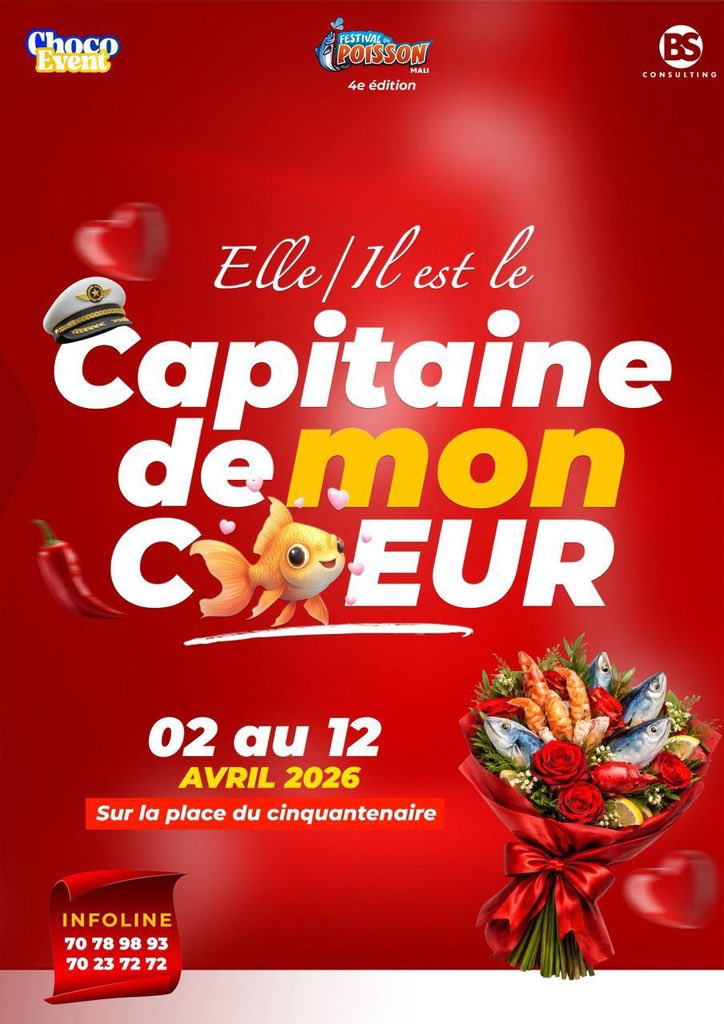Ah oui avec votre Festival du Poisson Mali mandi on fête aussi la saint Valentin ! Il ou elle devient le Capitaine de mon cœur, boussole de ma vie ❤️🥰🤩

🗓️ 02 au 12 Avril 2026
📍 Place du Cinquantenaire

#festivaldupoisson #Okeledoevents