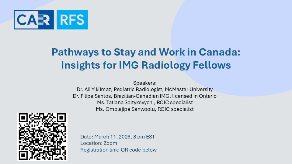 The CAR Resident &amp; Fellow Section (RFS) is pleased to announce an upcoming national webinar, Pathways to Stay and Work in Canada: Insights for IMG Radiology Fellows on Wednesday, March 11.

🔗 bit.ly/46a3qZ4