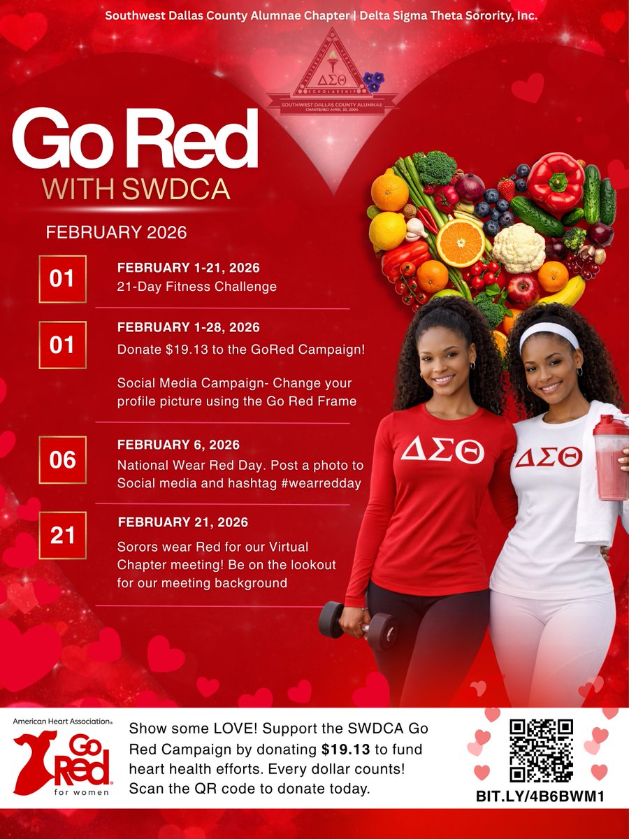 SWDCA of Delta Sigma Theta Sorority, Inc. proudly #GoRED with the American Heart Association. A $19.13 gift supports education, prevention, and life saving research for women and communities of color. Give with purpose. Go RED. Donate today:
wearredday2026.funraise.org/team/southwest…