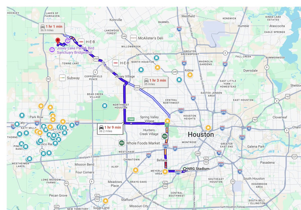 OK transit wierdos (complimentary). The play is to now generate support for light rail route between NRG Stadium and Bridgeland Texans facility. Call it the JJ Watt line, I mean Wise Mayor Whittmire rail line.
Like this but it should hit  Addicks P&amp;R instead of turning N at BW8.