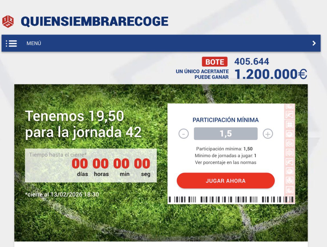 Nuestra siembra quedó con 19,50€ recaudados para jugar 26 apuestas. 

Gracias🫶🏻🫶🏻