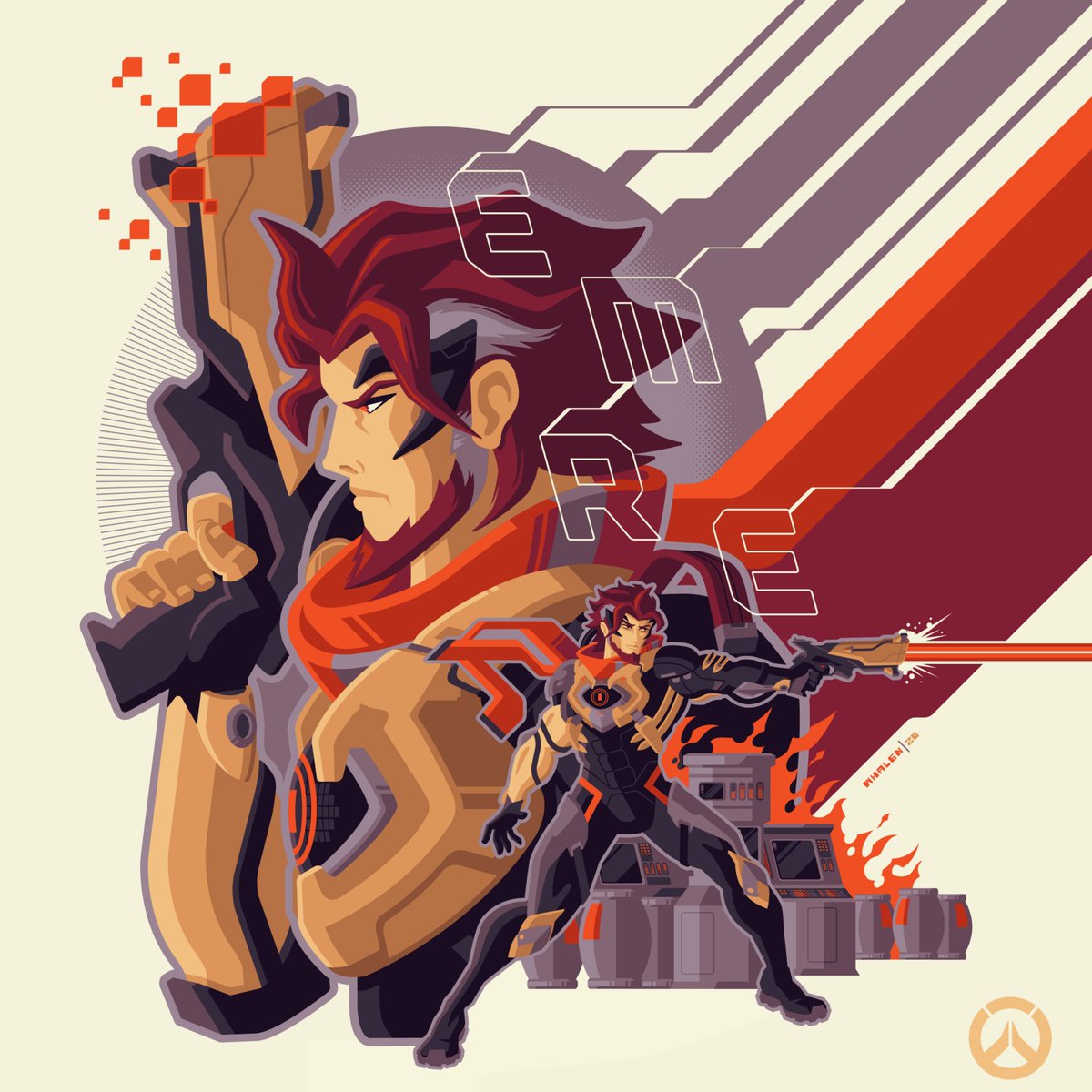PlayOverwatch's tweet image. “I’ll keep fighting no matter what it cost me” - Emre 🦾

Shout out to @strongstufftom for such a striking Emre illustration! Post your own Emre artwork for us all to enjoy by using #OverwatchFanArt 🎨