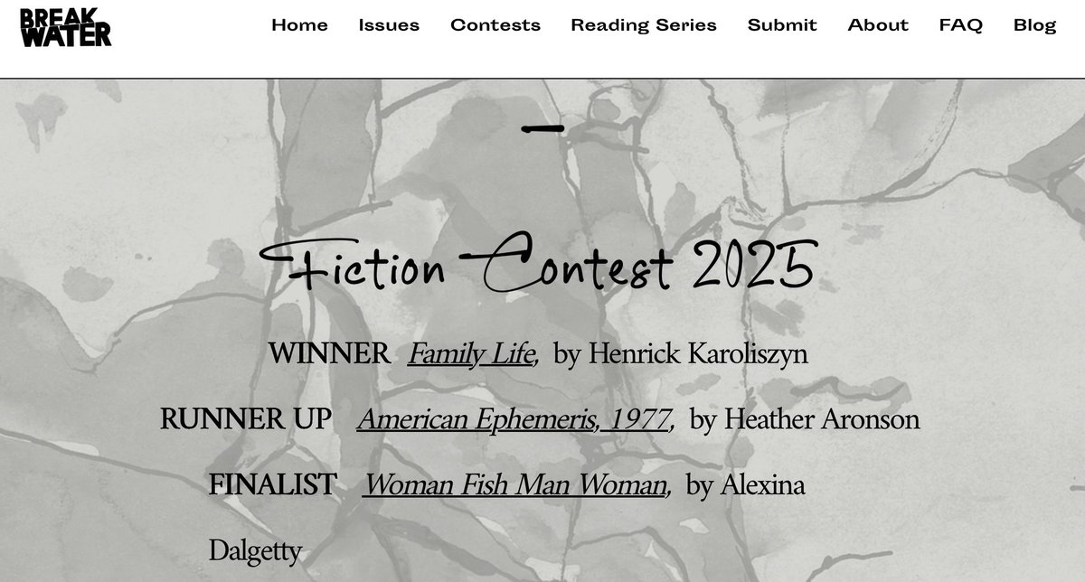Grateful to win the 2025 Breakwater Review Fiction Contest. "Family Life" is part of my collection, "God is an Atheist on Karaoke Night," and can be read here. Thanks to luminous judge Eileen Pollack and the mighty UMASS Boston MFA program breakwaterreview.com/about-3-1 #fiction