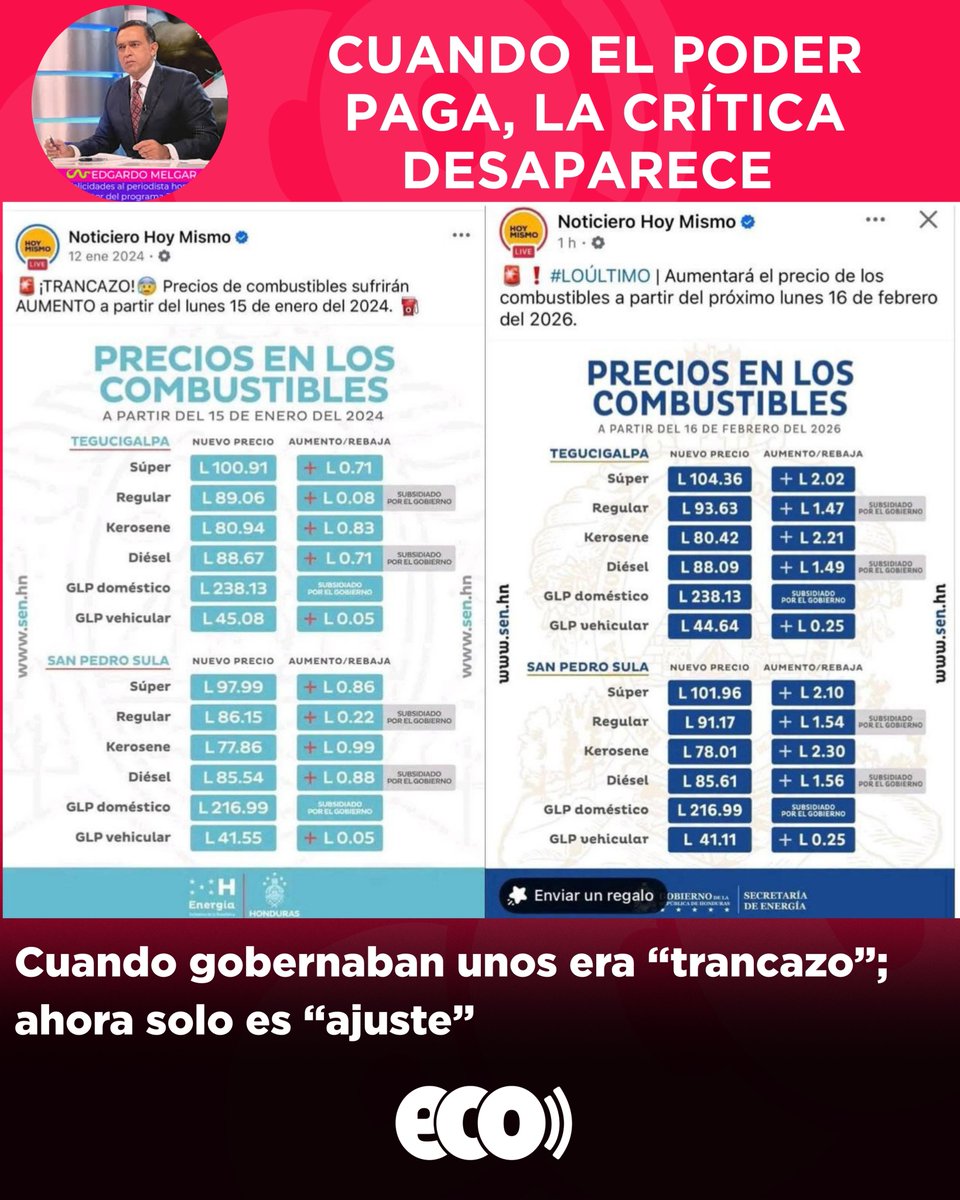 Así informa el noticiero de Edgardo Melgar: el precio del combustible sube igual, pero el tono cambia según quién esté en el gobierno.
