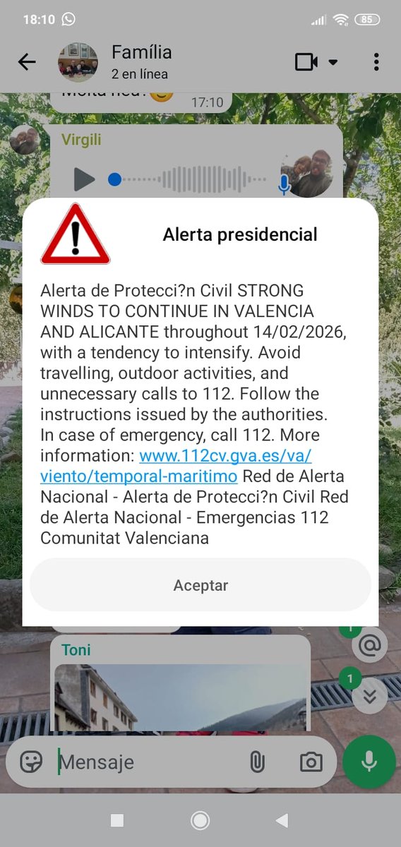 L'Alerta, en anglès, que els gestors de la colònia, en nom de la metròpoli, han enviat a un jubilat valencianoparlant de Novelda, el Vinalopó. Com que no som una minoria que interesse a l'esquerra de la metròpoli, passarà desapercebut. La colònia es diu País Valencià.