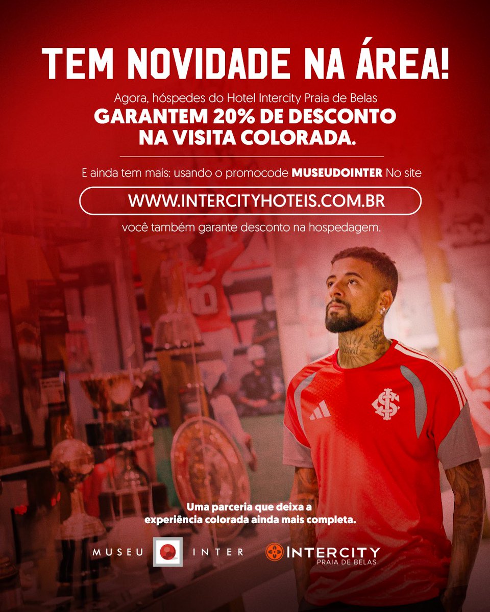 MuseudoInter's tweet photo. Tem novidade na área! 🔴⚪

Agora, quem se hospeda no Hotel Intercity Praia de Belas garante 20% de desconto na Visita Colorada ao Museu do Inter.

E ainda tem mais: usando o promocode MUSEUDOINTER no site do Intercity, você ganha desconto na hospedagem também. https://t.co/vwr276MfMc