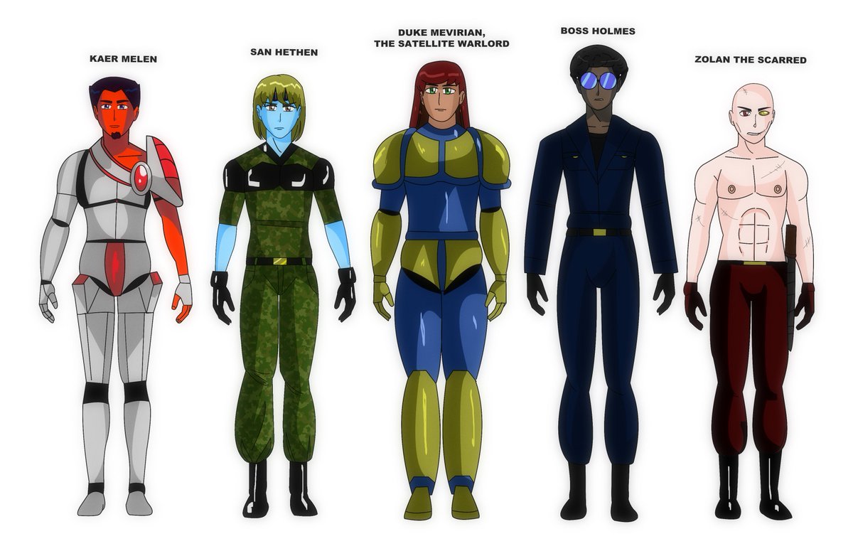 Some characters I plan for a future comic

Based out of a lowly satellite, Duke Mevirian, a former human nobleman of the planet Lensen rules in exile by raiding fuel depots and resource heavy moons of stronger forces with his band of fighters like Kaere, San,Boss Holmes and Zolan