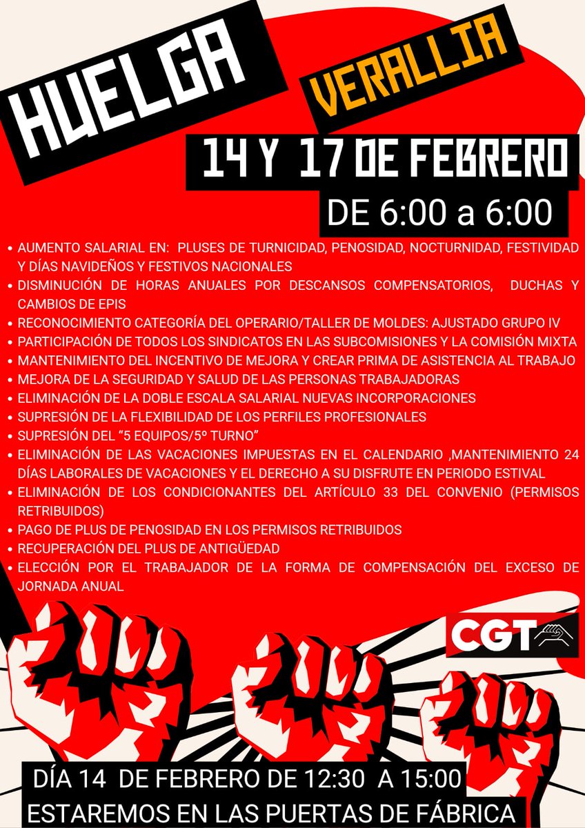 CGTBarcelona's tweet photo. 🔊 Huelga en @verallianews 14 y 17 de Febrero de 06:00 a 06:00 💪🔥
#cgt #anarcosindicalismo #acciondirecta https://t.co/ZOOeKVfHyd