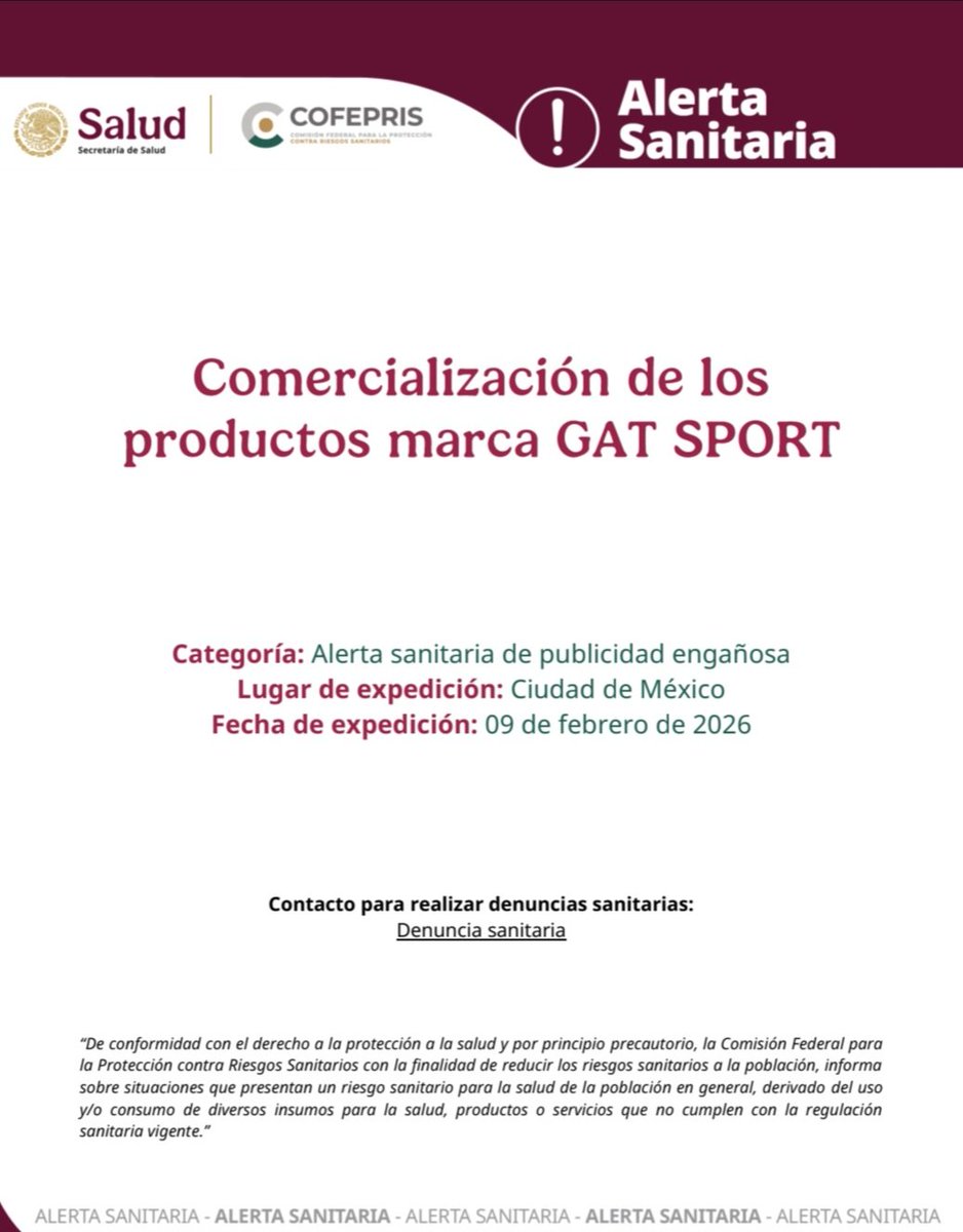 dprisqroo's tweet photo. @COFEPRIS informa
sobre la comercialización de los productos CAFFEINE, JOINT SUPPORT, JETFUEL 
ORIGINAL, MENS MULTI+TEST y TESTROL PROSTATE de la marca GAT SPORT.
Consulta la siguiente liga:
https://t.co/IRacLjEbcx
#DprisQroo https://t.co/IuYcS6g7Om