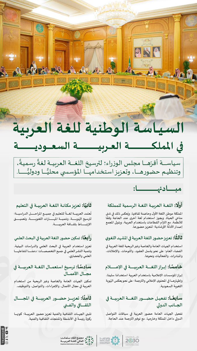 السياسة الوطنية للغة العربية: حين تتحول الهوية إلى مشروع دولة.
ليس القرار الذي أقرّه مجلس الوزراء بشأن السياسة الوطنية للغة العربية مجرّد إجراء تنظيمي عابر، بل هو إعلان حضاري يعيد ترتيب العلاقة بين الأمة ولسانها، ويمنح اللغة موقعها الطبيعي بوصفها وعاء الذاكرة ومجال الهوية وأداة