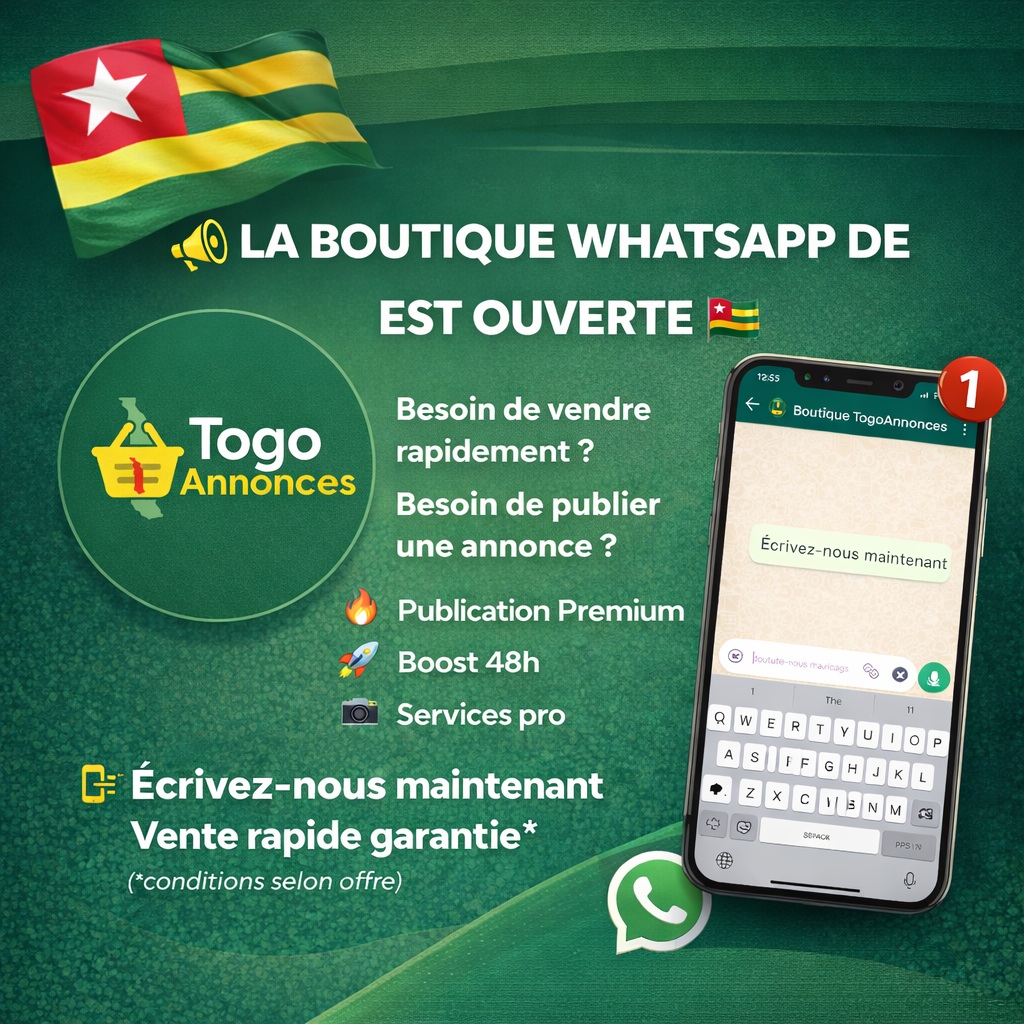La solution pour booster vos annonces arrive ce 14 février.
TogoAnnonces lance sa Boutique WhatsApp ! 📱🇹🇬
💬 Contactez-nous dès demain : +228 98 07 99 99
#TogoAnnonces

#Togo #Marketing #Lancement