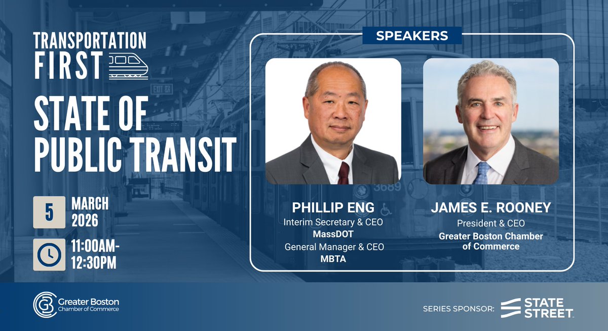 bostonchamber's tweet photo. Join us on 3/5 for #TransportationFirst | State of Public Transit with Phillip Eng, who will outline the Commonwealth’s current state of the public transit system and long-term efforts to create reliable and affordable public transit options.  

🎟️ Free to members & non-members. 

https://t.co/6BiQZDXBsB