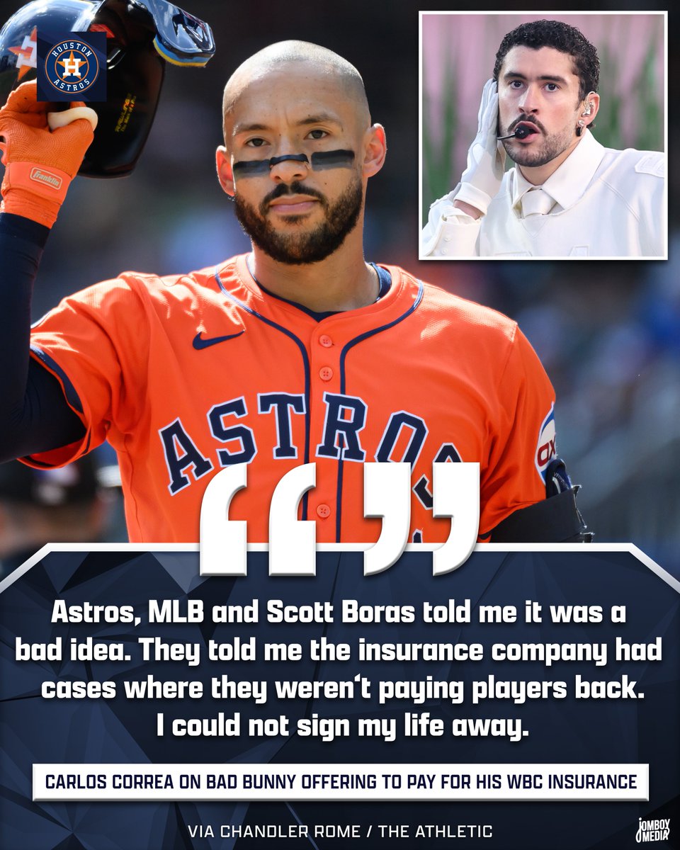 Carlos Correa confirms that Bad Bunny tried to pay for insurance so he and Francisco Lindor could play for Puerto Rico in the World Baseball Classic after they were denied insurance from MLB

However, Correa was advised from people he trusts that he should not accept the favor