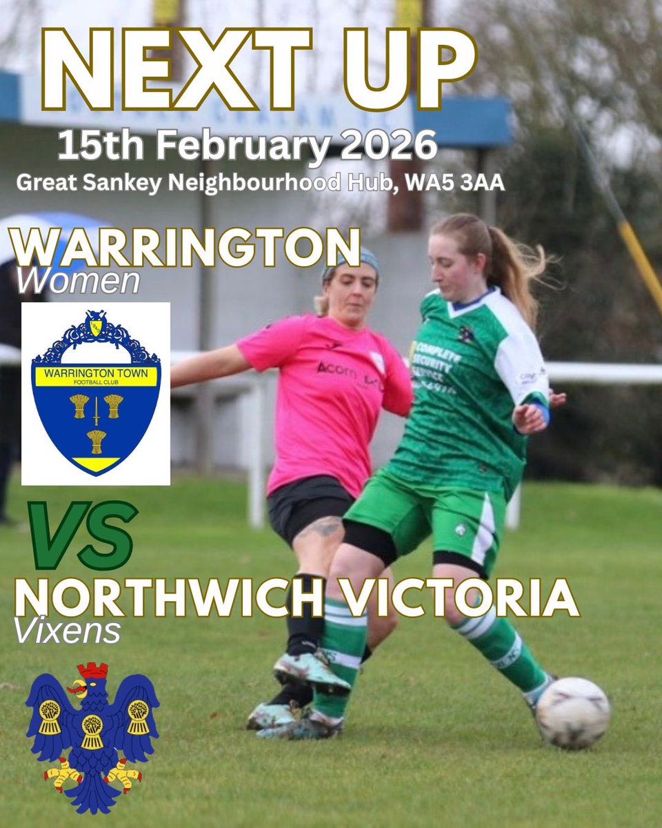 𝐍𝐄𝐗𝐓 𝐔𝐏 - 𝘷𝘴 Warrington Town Women

Our First team play away on Sunday in the Cheshire Cup! 🏆see you there!!💚

📆 | Sunday 15th February 
⏰ | 2pm KO
🏟️ | Great Sankey Neighbourhood Hub, WA5 3AA

#Vics | #Vixens | <a href="/CheshireWYFL/">Cheshire Women's and Youth Football League</a>