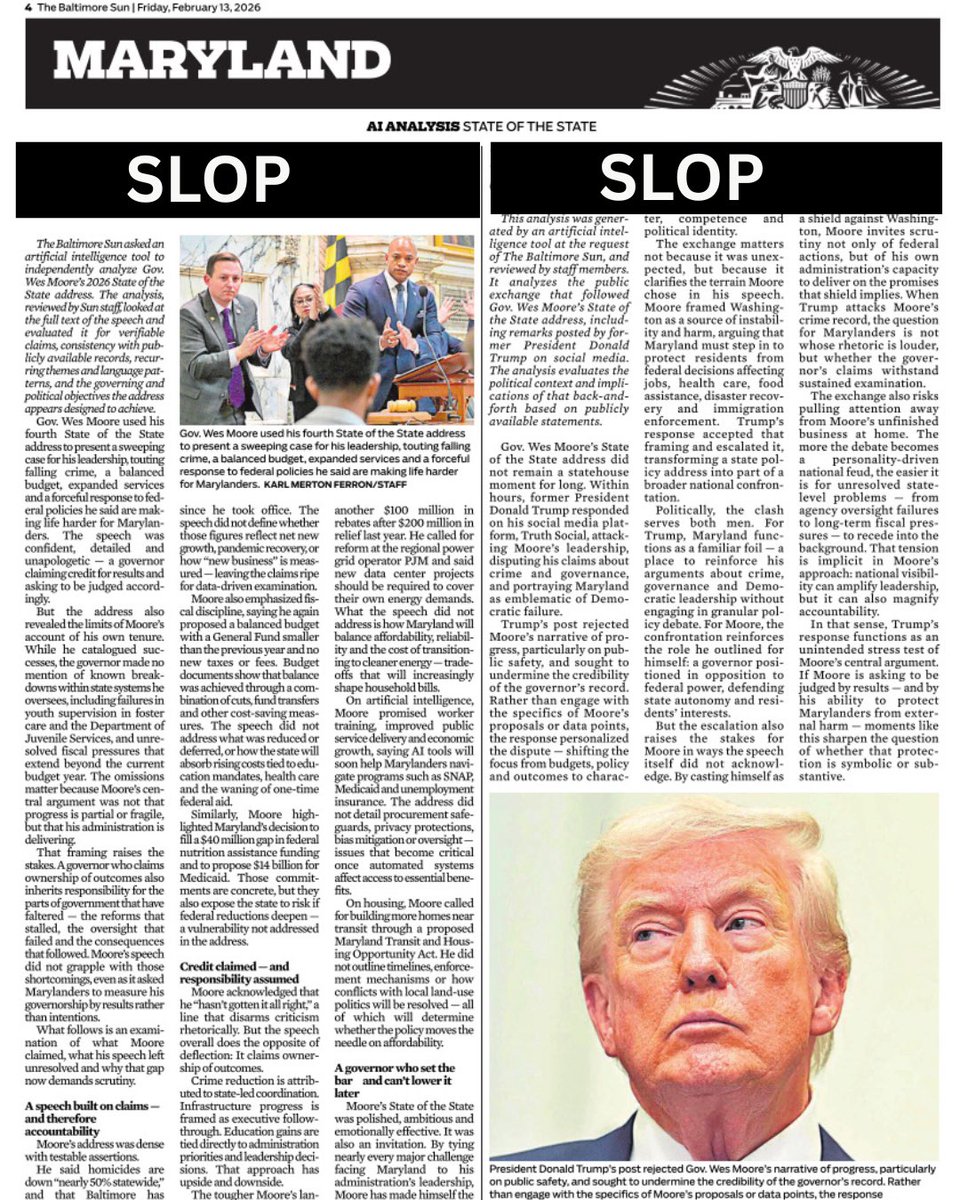 baltsunguild's tweet image. Sun management has once again disparaged our talented HUMAN reporters and their work, this time by filling more than half a page in today’s paper with AI slop.