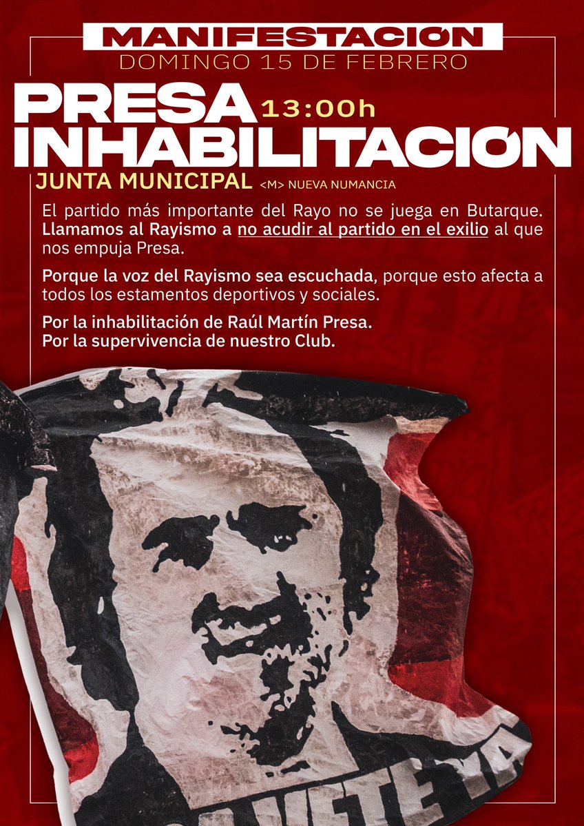 Nos merecemos dejar de sentir vergüenza con cada noticia que sale de nuestro equipo.
Nos merecemos una directiva mínimamente decente que cuide a su masa social.
¡Este domingo, sal a la calle para defender a nuestro <a href="/RayoVallecano/">Rayo Vallecano</a>, por la inhabilitación de Presa!