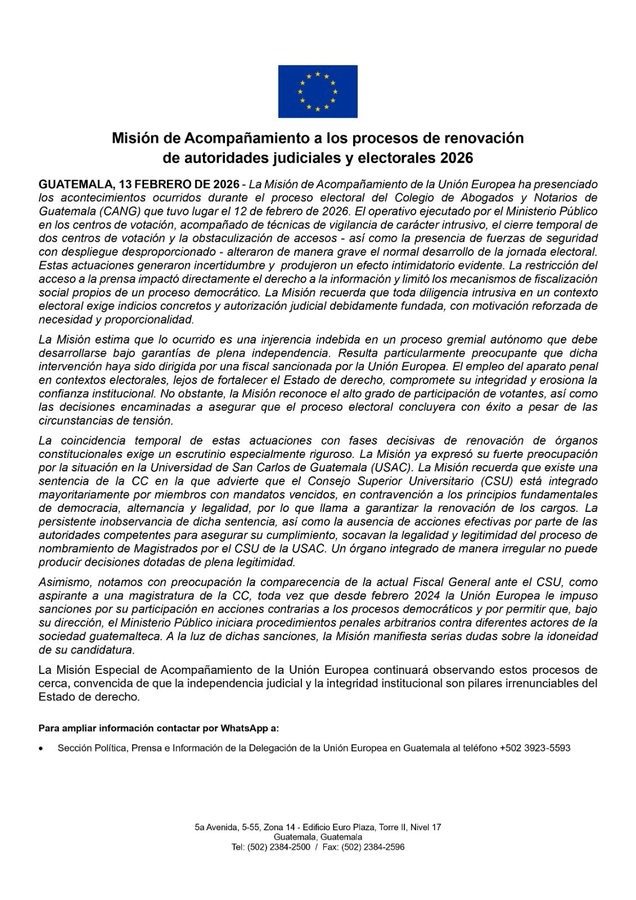 🇪🇺🇬🇹 La Misión de Acompañamiento de la Unión Europea expresó fuerte preocupación por lo ocurrido en la elección del CANG ⚖️🗳️.

Señaló que allanamientos del MP de #ConsueloPorras, cierres de centros, despliegue policial desproporcionado 🚔 y restricciones a la prensa 📰 alteraron