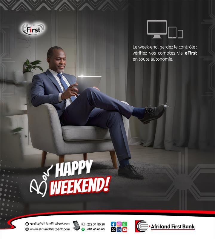 Afriland_CMR's tweet photo. Week-end activé ✅
Contrôle de vos comptes ✅
Tranquillité d’esprit ✅
Avec eFirst, la First Bank vous suit partout.
Excellent week-end !
#AfrilandFirstBankCameroun #eFirst #banqueenligne https://t.co/1WWr5fLfT0