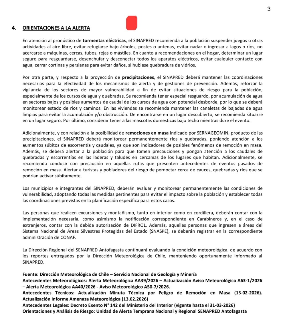#Antofagasta
Estimad@s
Junto con saludar, se adjunta Actualiza Alerta Temprana Preventiva por Evento Meteorológico, cobertura Provincia de El Loa y comunas de Antofagasta, Sierra Gorda, María Elena y Taltal.

Atentamente,
*Unidad Regional de Alerta Temprana SENAPRED Antofagasta*