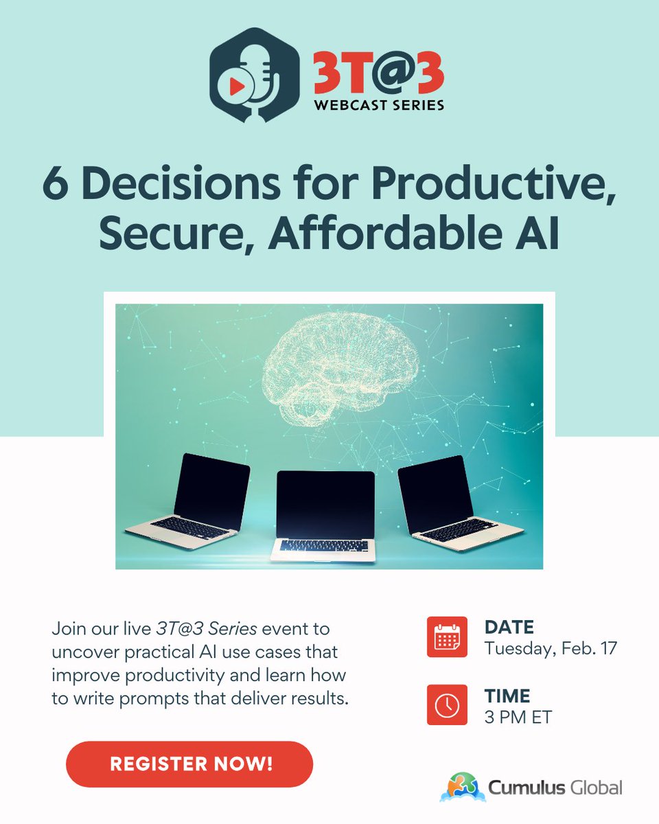 This Tuesday, join our live 3T@3 Series event to learn how to guide your team, set expectations, and get real value from AI in your business. 

Register here: jump.cumulusglobal.com/4aI4gP9 

#Leadership #Productivity #SmallBusiness #AI #CyberSecurity