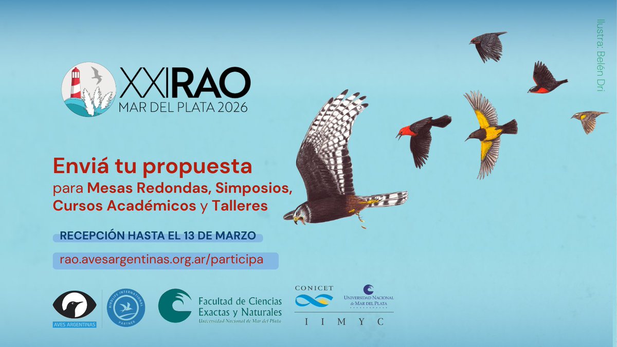 📣 ¡Abrió la convocatoria!
Ya podés enviar propuestas de Simposios, Mesas Redondas, Talleres y Cursos Académicos de la Reunión Argentina de Ornitología 🐦
 
rao.avesargentinas.org.ar/participa/

<a href="/AvesArgentinas/">Aves Argentinas</a>  | <a href="/unmdp/">Universidad Nacional de Mar del Plata</a> | <a href="/fceyn_unmdp/">FCEyN - UNMdP</a>