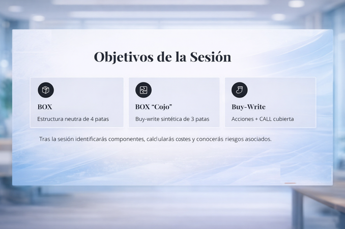Esta tarde hemos aprendido todo esto con <a href="/fabricaingresos/">Fábrica de Ingresos (Income Factory) Richard Jim</a> en la masterclass que hemos tenido:

📦 BOX (estructura neutra de 4 patas)

📦 BOX “Cojo” (buy-write sintética de 3 patas)

📈 Buy-Write (acciones + CALL cubierta)

Componentes, costes y riesgos… todo explicado con los