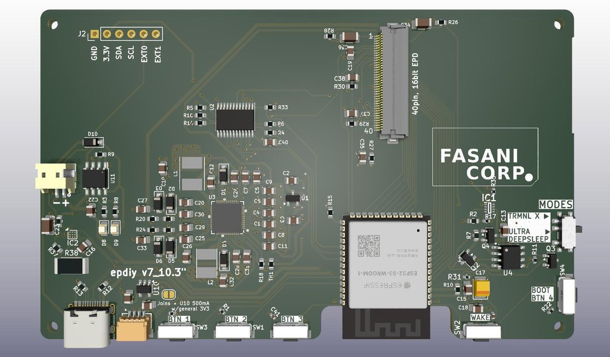 martinfasani's tweet photo. New PCB designed this time only for the 10.3" eink display. Compatible w/ #TRMNL X firmware. With a new concept of ultra deep sleep that was actually conceived by Jonas team but optionally also compatible with normal deep sleep. In ultra, everything is OFF, 1.5uA consumption https://t.co/fHmEo502PC