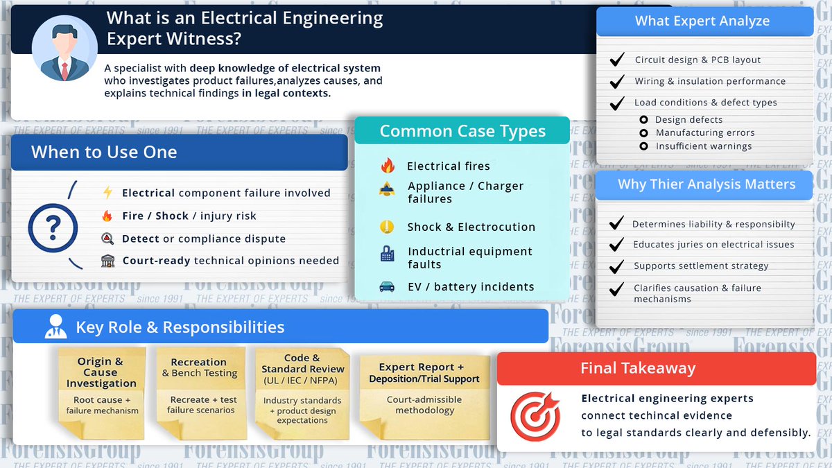 Product liability + electrical failure cases often come down to causation and proof.​

Electrical engineering experts help analyze component failures, defects, and compliance and explain findings clearly for litigation or settlement.​

​forensisgroup.com/resources/expe…