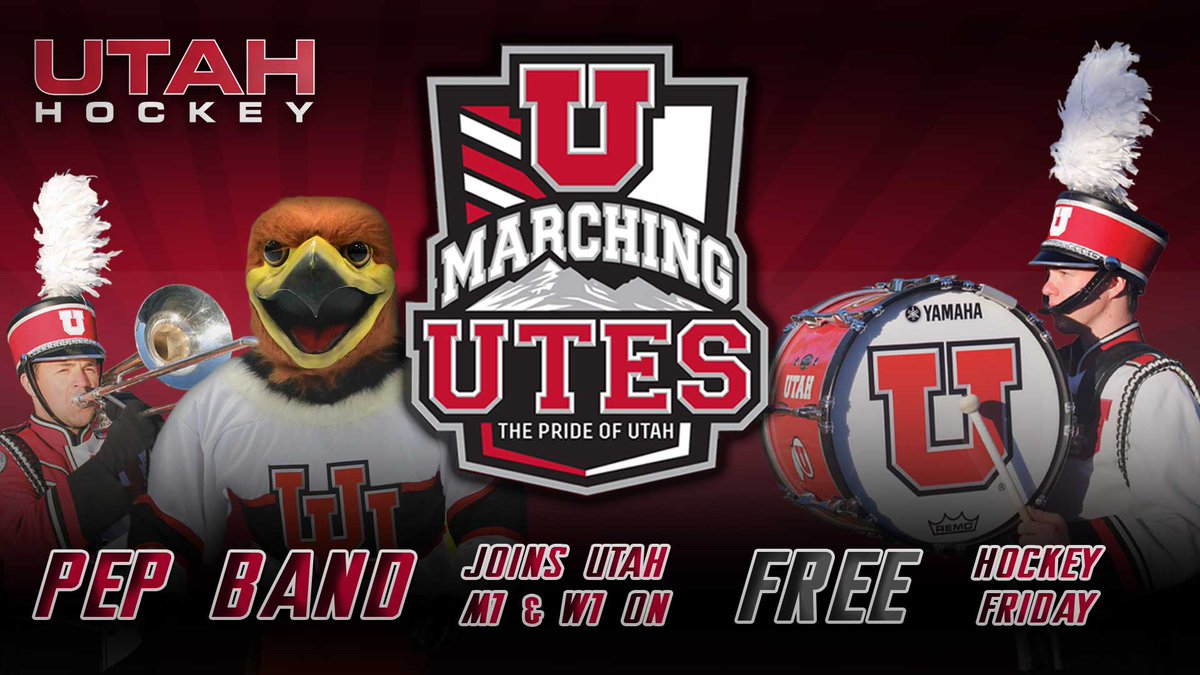It's Free Hockey Friday! Join the Marching Utes and Utah Hockey  today for two free games. Puck drops at 4:30 for Women's Division 1 and 7:30 PM for Men's Division 1. Be there and bring a friend! ow.ly/37QA50YbXwK
Discount code: FreeHockeyFriday