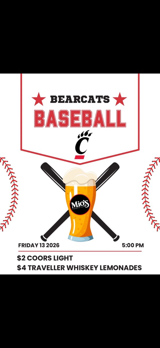 TGIF Bearcats ⚾️🍺 We’re so glad baseball is back and we cannot wait to start watching with y’all! Game starts at 5pm and we’ve got some great deals for you tonight❤️🖤
 🍺 $2 Coors Light
 🍺 $4 Traveller Whiskey Lemonades ⚾️🍻🍕<a href="/ChadBrendel/">Chad Brendel</a> <a href="/HeadFirst_Pod/">The Head First Podcast🎙️</a> <a href="/UCBarstool/">Barstool Cincinnati</a> #Bearcats