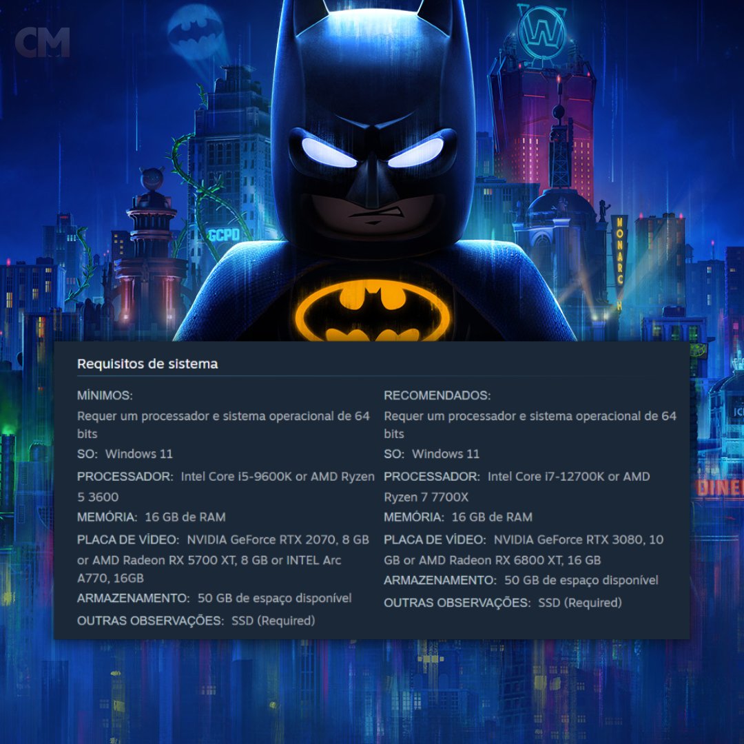 🚨🦇Requisitos de sistema atualizados!

Lego Batman: O Legado do Cavaleiro das Trevas teve uma atualização nas páginas da Steam e na Epic envolvendo os requisitos para que o game rode no PC.

O destaque fica para a revisão envolvendo uso de memória, que antes era de 32 GB de RAM