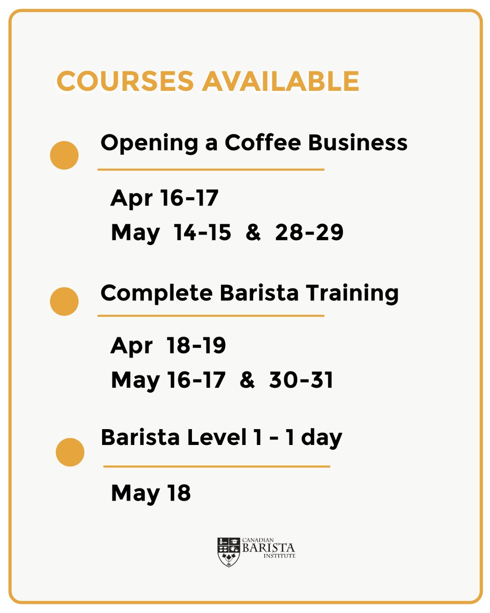 Upcoming Classes in Calgary – April &amp; May ☕ Coffee Business &amp; Barista Courses

🔗 Register here: canadianbaristainstitute.com/collections/ca… 

#CoffeeTraining #BaristaTraining #CoffeeBusiness #Calgary #CanadianBaristaInstitute #CoffeeCourses